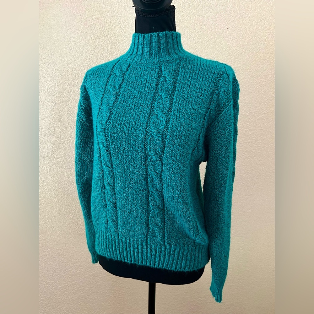 Vintage 80s TJW for Mervyn’s Women’s Turquoise Mock Neck Cable Knit Sweater SM - Picture 5 of 11